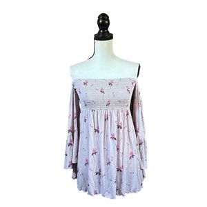 SALE Free People Lana Pink Floral Off Shoulder Top Bell Sleeve Boho Fairycore M